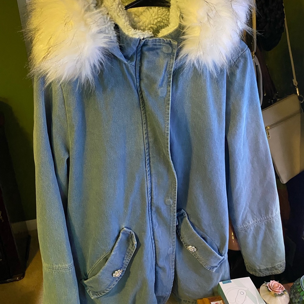K Jordan Blue and White Jean Jacket with Quilted Texture